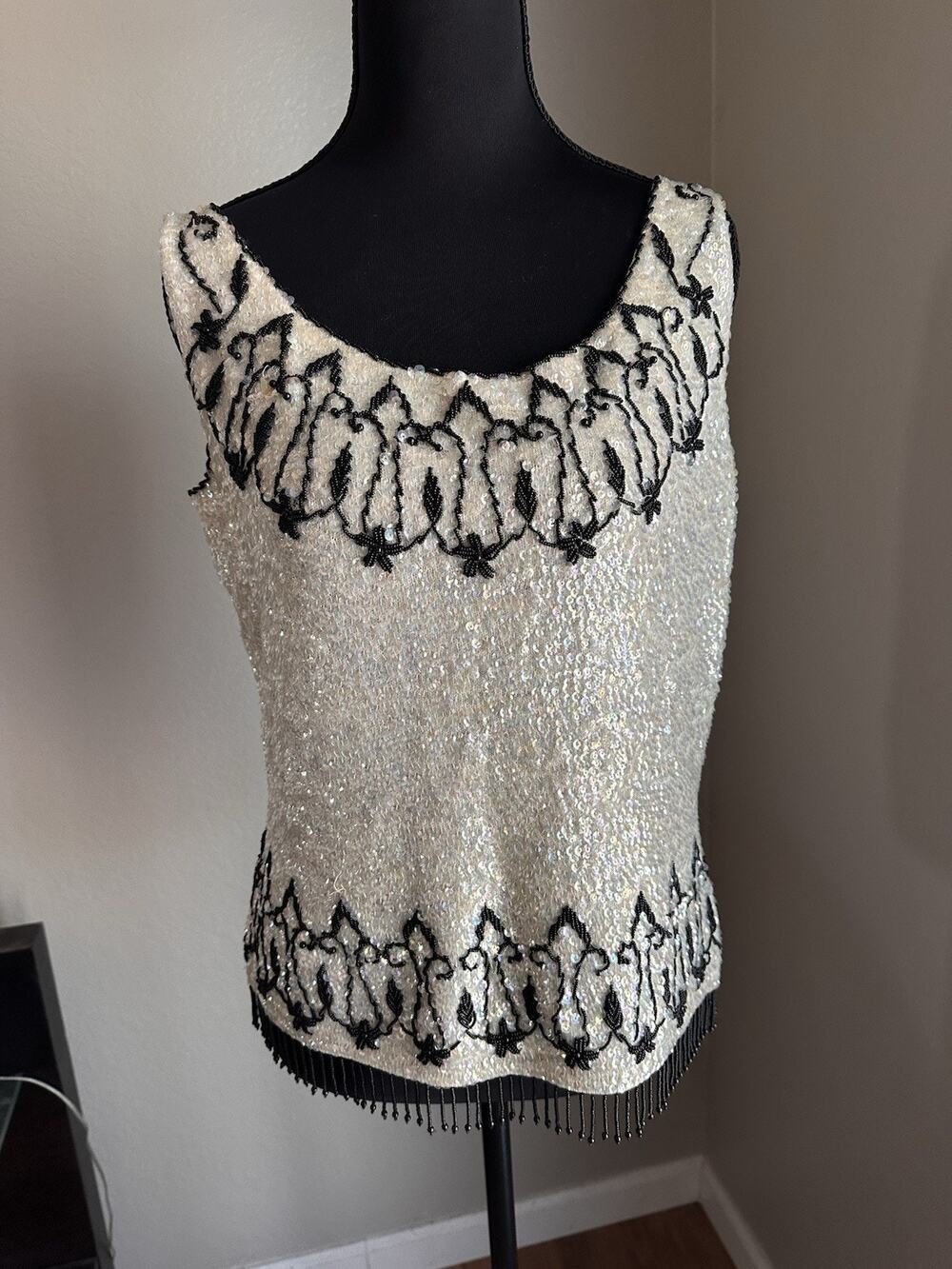 1950s Vintage Beaded Sweater Shell Fringe Cream Iridescent 100% Wool